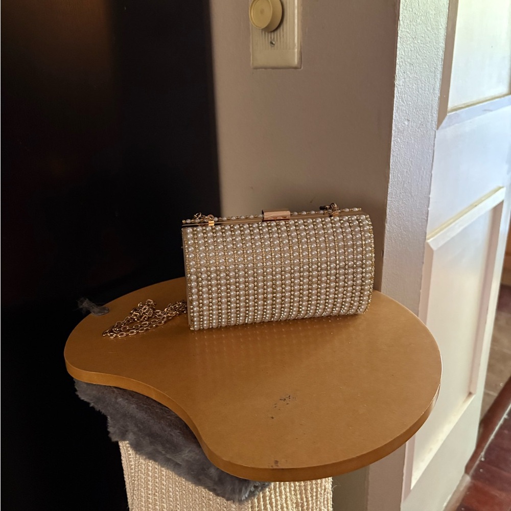 INC International Concepts Gold Pearl clutch with crossbody chain NWT